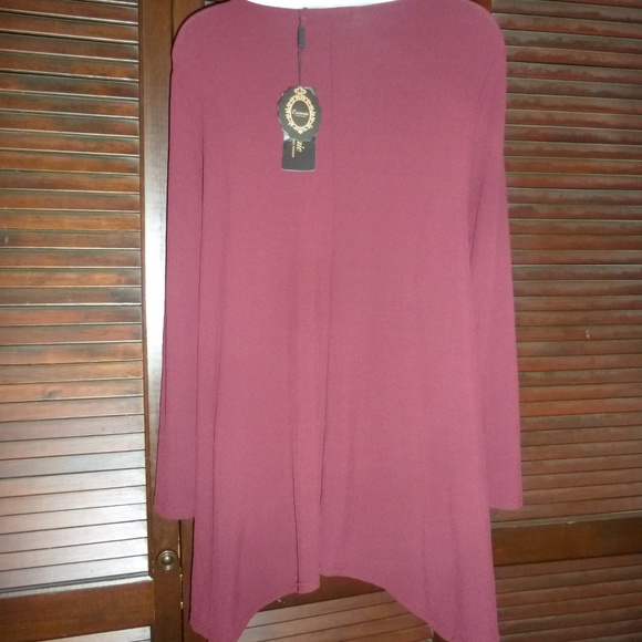 Dark Burgundy Tunic Top, Tie Front, Long Sleeve, M - Picture 6 of 7
